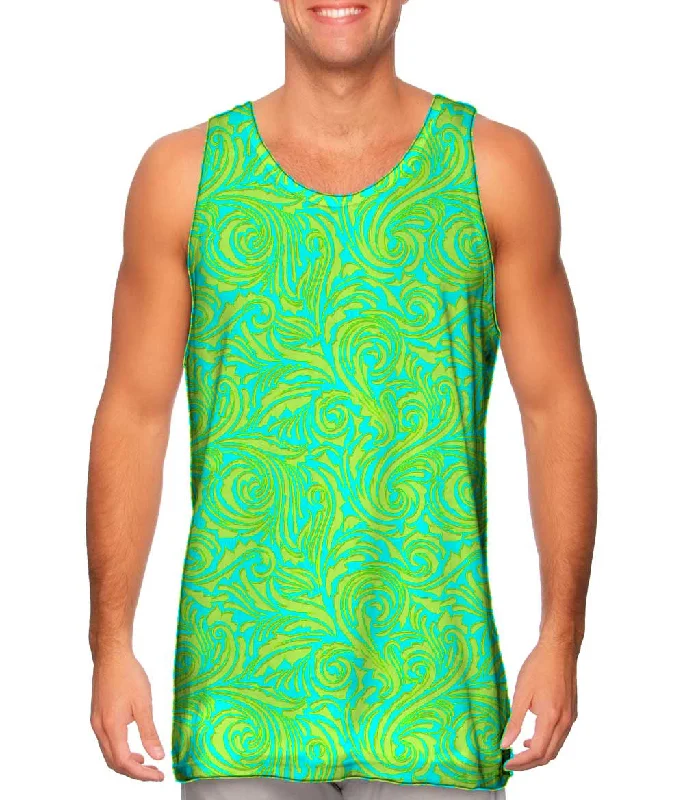 Tank-Top-Black-Autumn Me Aqua Leaf Swirls Pattern