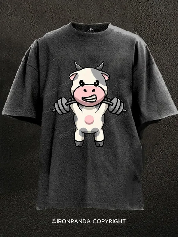 T-Shirt-Family-Matching-cow workout Washed Gym Shirt