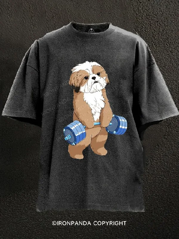 T-Shirt-Workwear-Weight Lifting Shih Tzu Dog Washed Gym Shirt