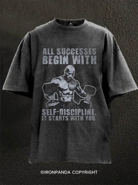 T-Shirt-Red-ALL SUCCESSES BEGIN WITH SELF DISCIPLINE Washed Gym Shirt