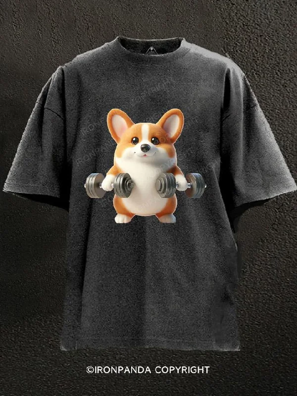 T-Shirt-Boho-dumbbell corgi Washed Gym Shirt