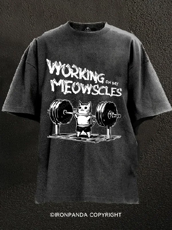 T-Shirt-College-Working on My Meowscles Washed Gym Shirt