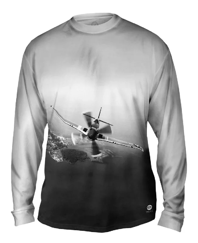 Long-Sleeve-Camping-P 51 Mustang Plane Black White