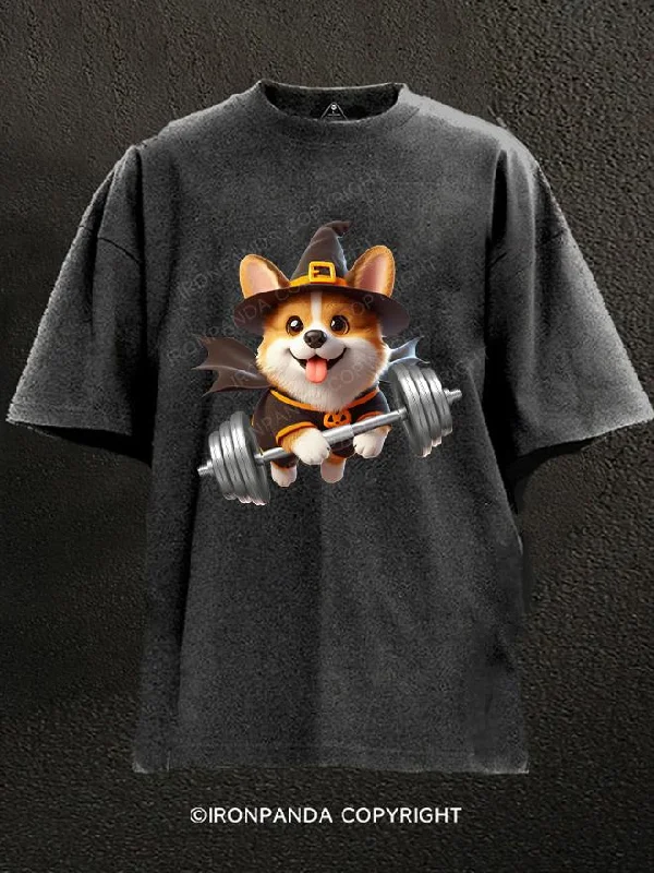 T-Shirt-Warm-weightlifting corgi Halloween Washed Gym Shirt