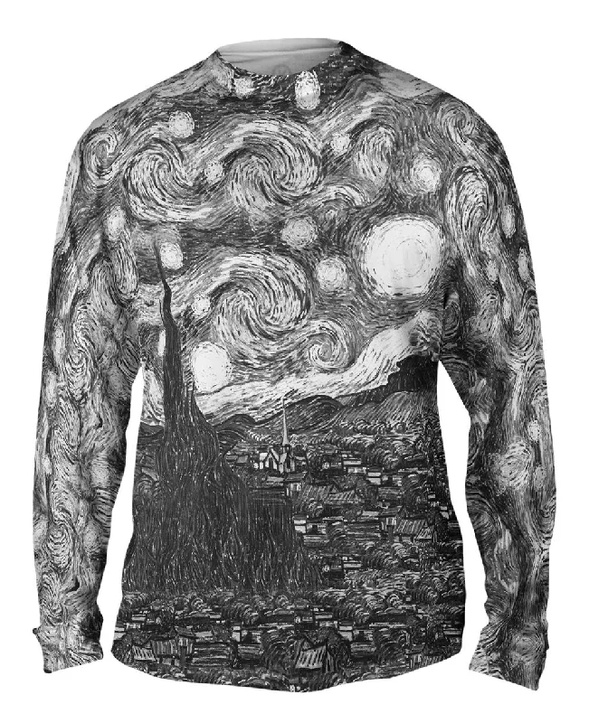 Long-Sleeve-Scoop-Neck-Pop Art - "Van Gogh Starry Night Black White" (1889)