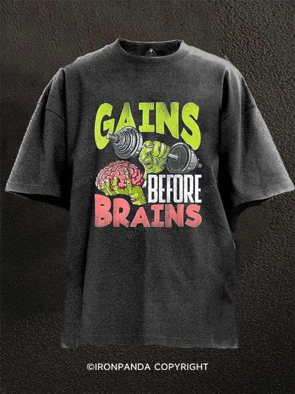 T-Shirt-Blue-GAINS BEFORE BRAINS Washed Gym Shirt