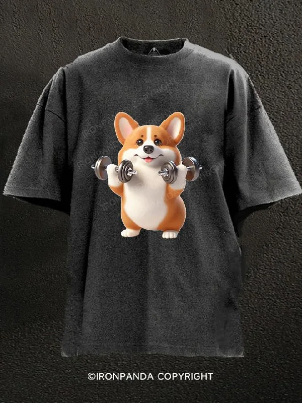 T-Shirt-Retro-dumbbell corgi Washed Gym Shirt