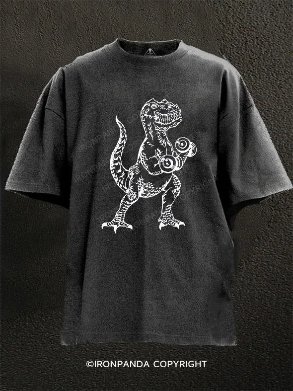 T-Shirt-Checked-Dinosaur Weight Lifting Dumbbells Washed Gym Shirt