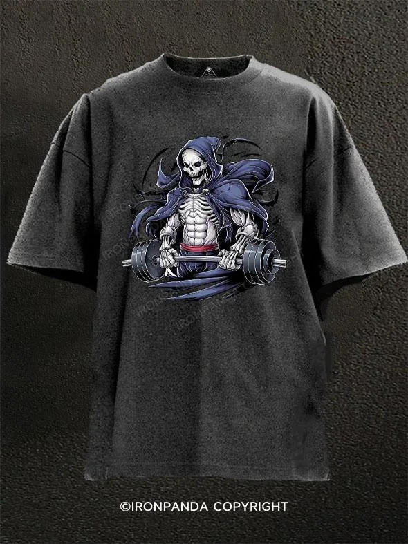 T-Shirt-Blue-Grim Reaper Bodybuilder Raising Washed Gym Shirt