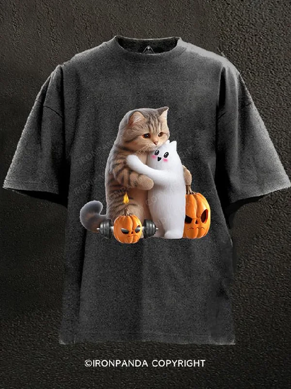 T-Shirt-Retro-workout cat and ghost Washed Gym Shirt