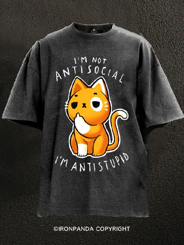 T-Shirt-Embroidered-Antisocial cute Cat Washed Gym Shirt