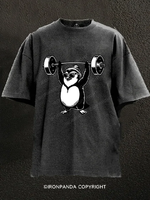 T-Shirt-Travel-Penguin weightlifting Washed Gym Shirt