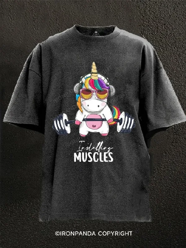 T-Shirt-Beige-Muscular Unicorn Washed Gym Shirt